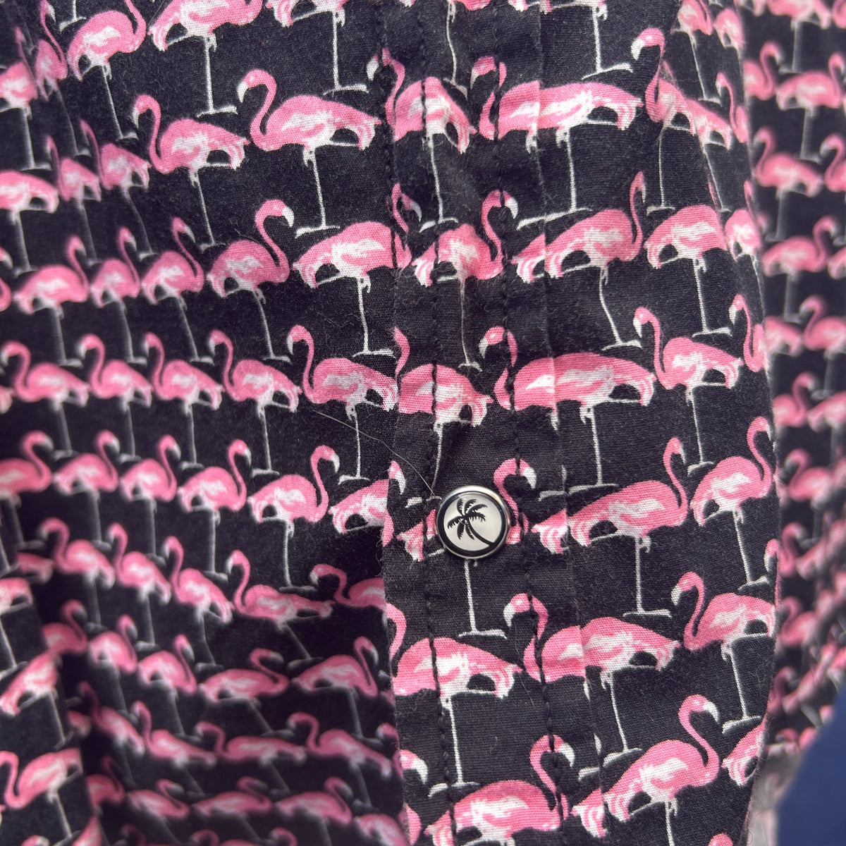 good vibes slim fitting pink flamingo short sleeve button up