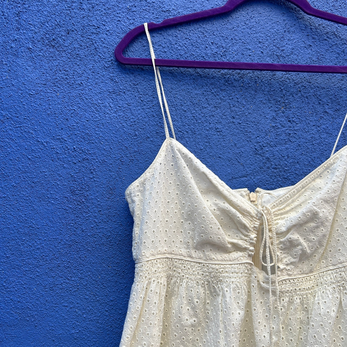 cream eyelet cotton sundress with keyhole tie details