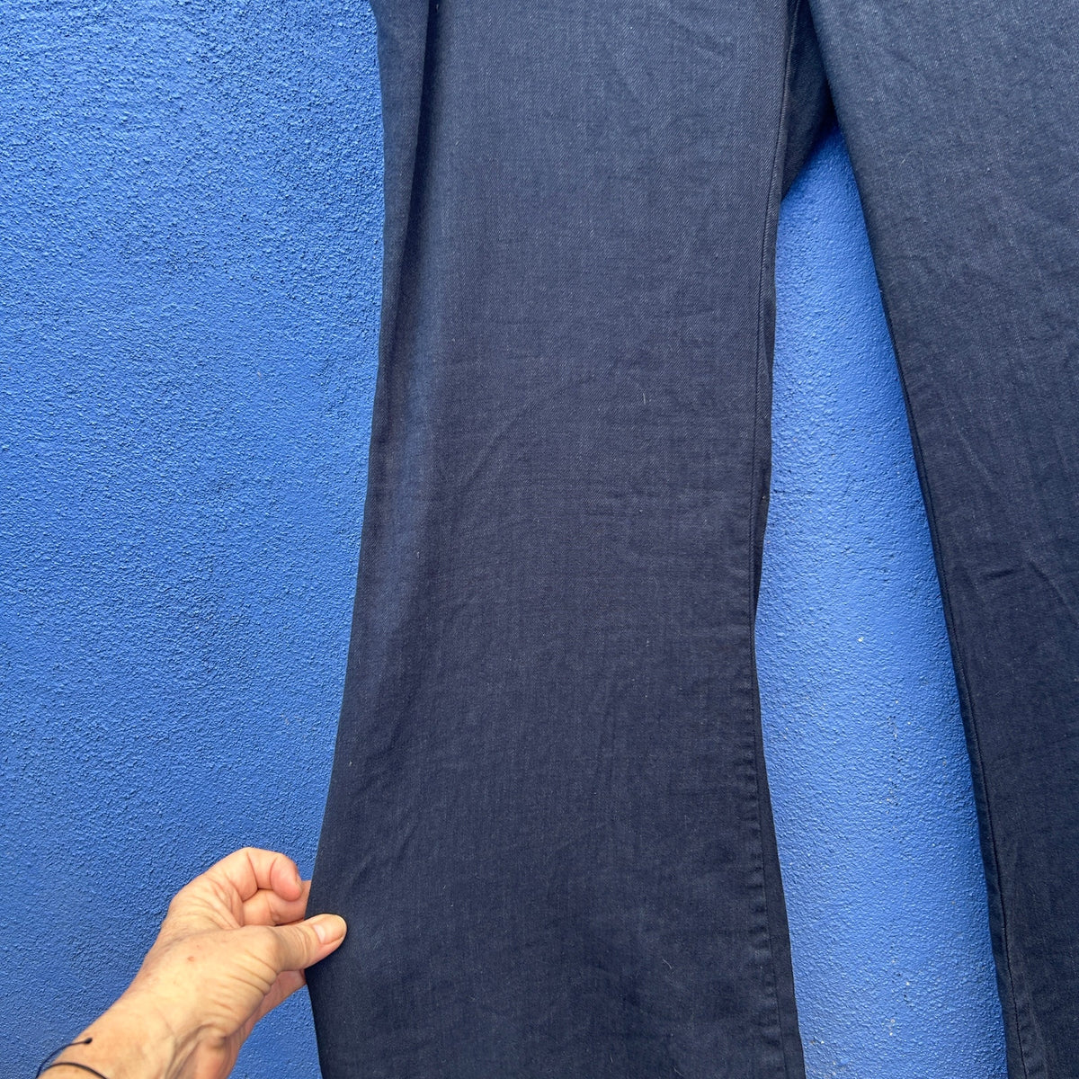 by anthropologie navy linen blend belled leg trousers