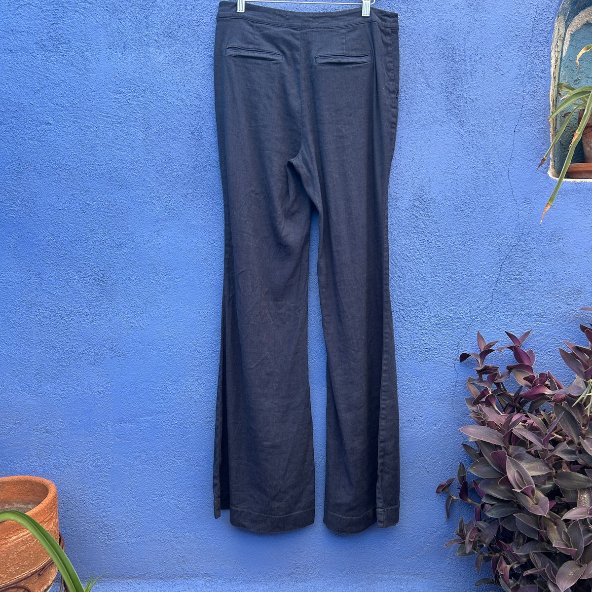 by anthropologie navy linen blend belled leg trousers