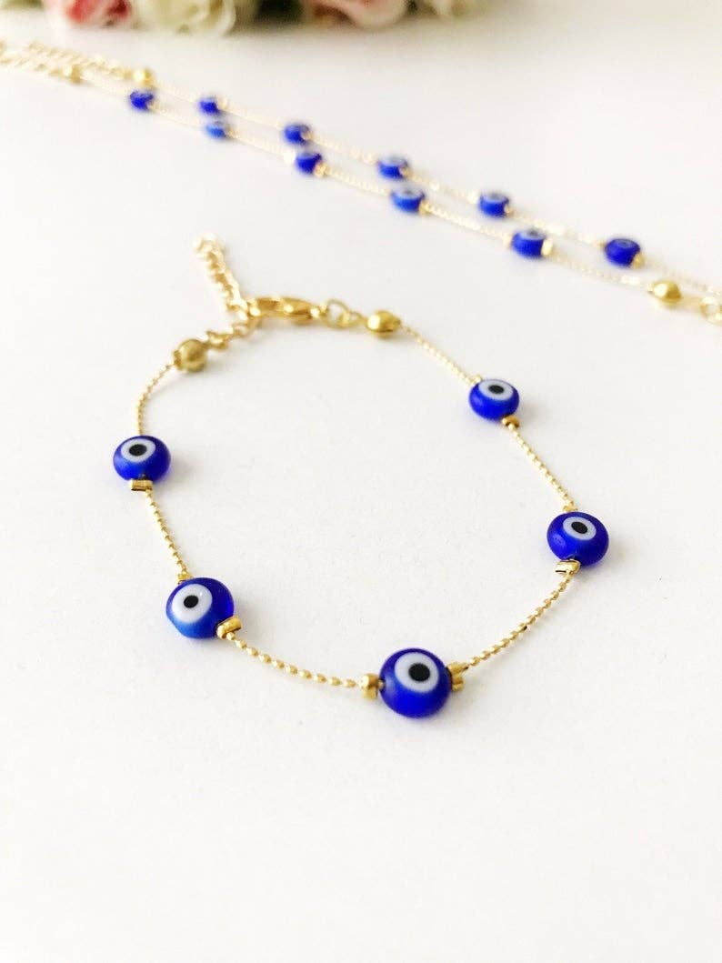 Blue Evil Eye Bracelet, Gold Chain Bracelet, Evil Eye Jewelry, Dainty Bracelet | Evileyefavor