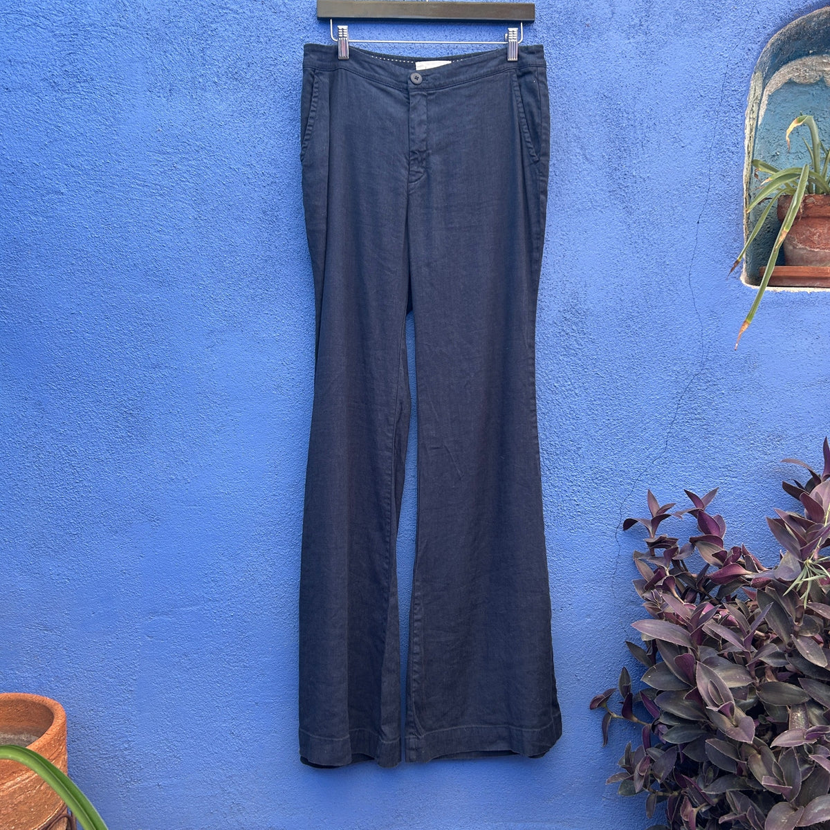 by anthropologie navy linen blend belled leg trousers