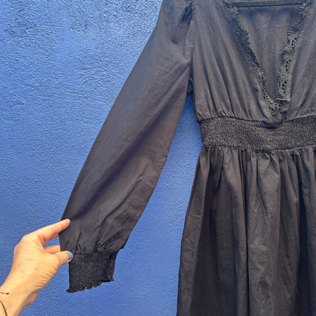 black cotton eyelet neckline dress