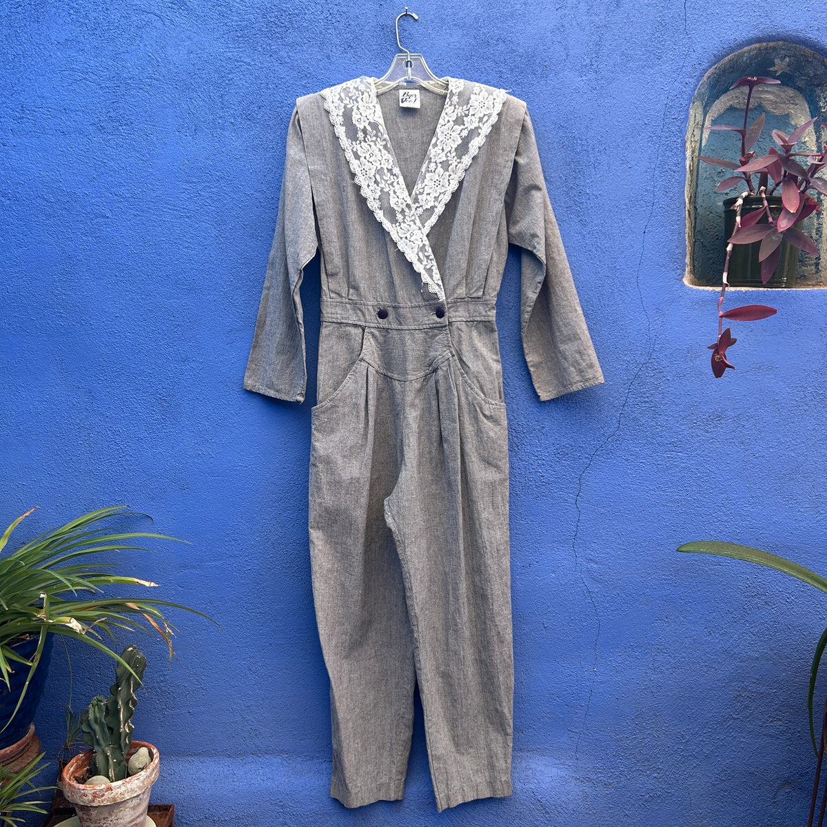 vintage 80s byer too! lace flanked gray cotton jumpsuit