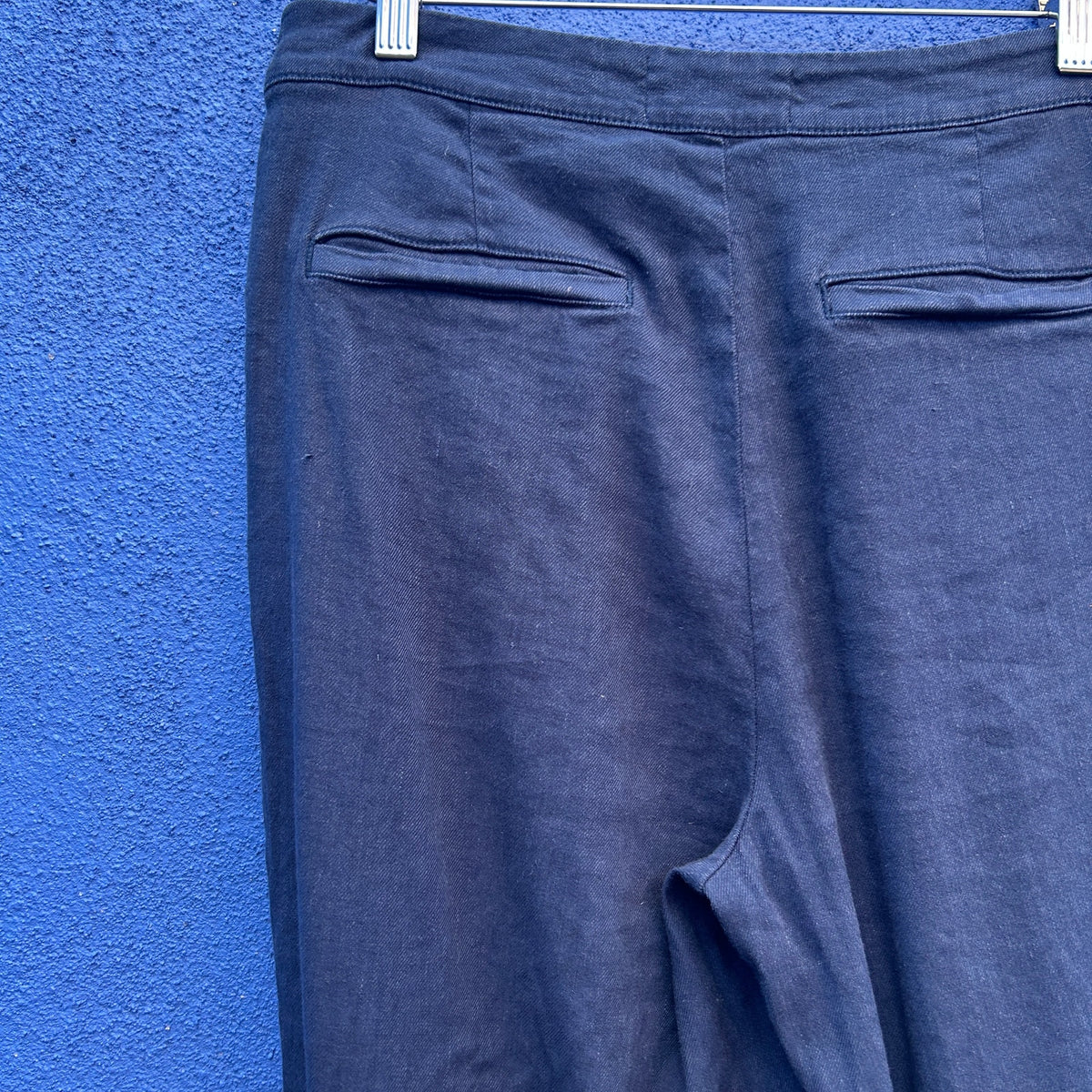 by anthropologie navy linen blend belled leg trousers