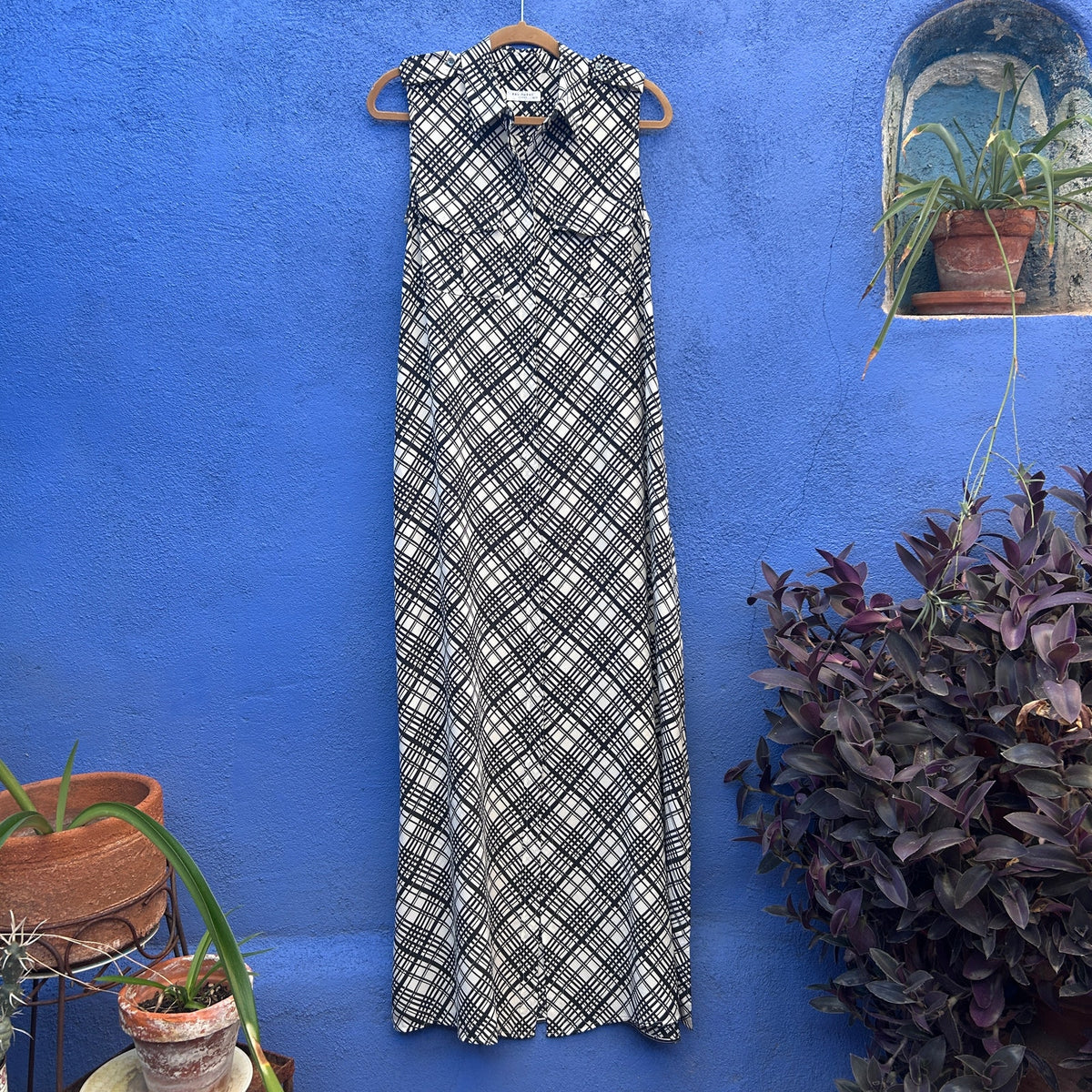 equipment 100% silk plaid button front sleeveless maxi dress