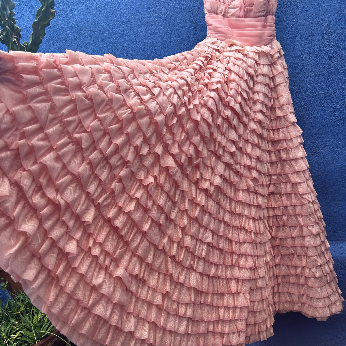 vintage handmade pink tiered strapless cocktail prom gown