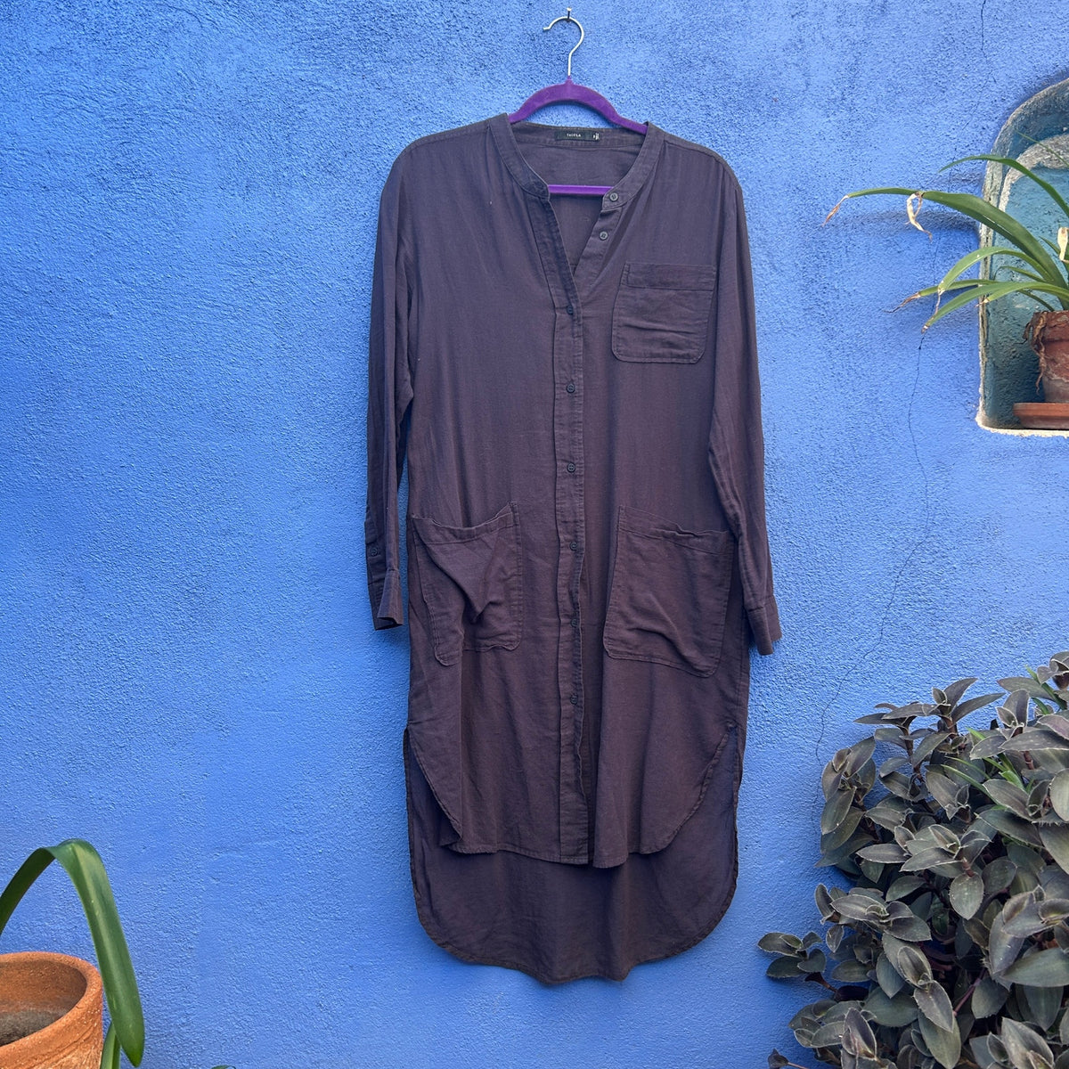 aritzia talula navy cotton blend shirt dress
