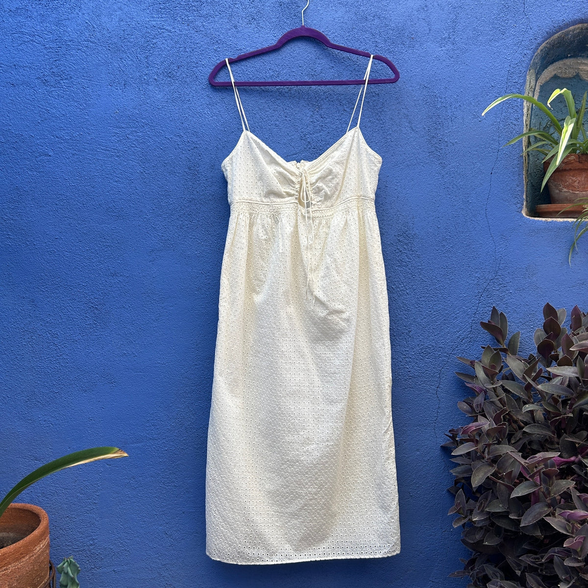 cream eyelet cotton sundress with keyhole tie details