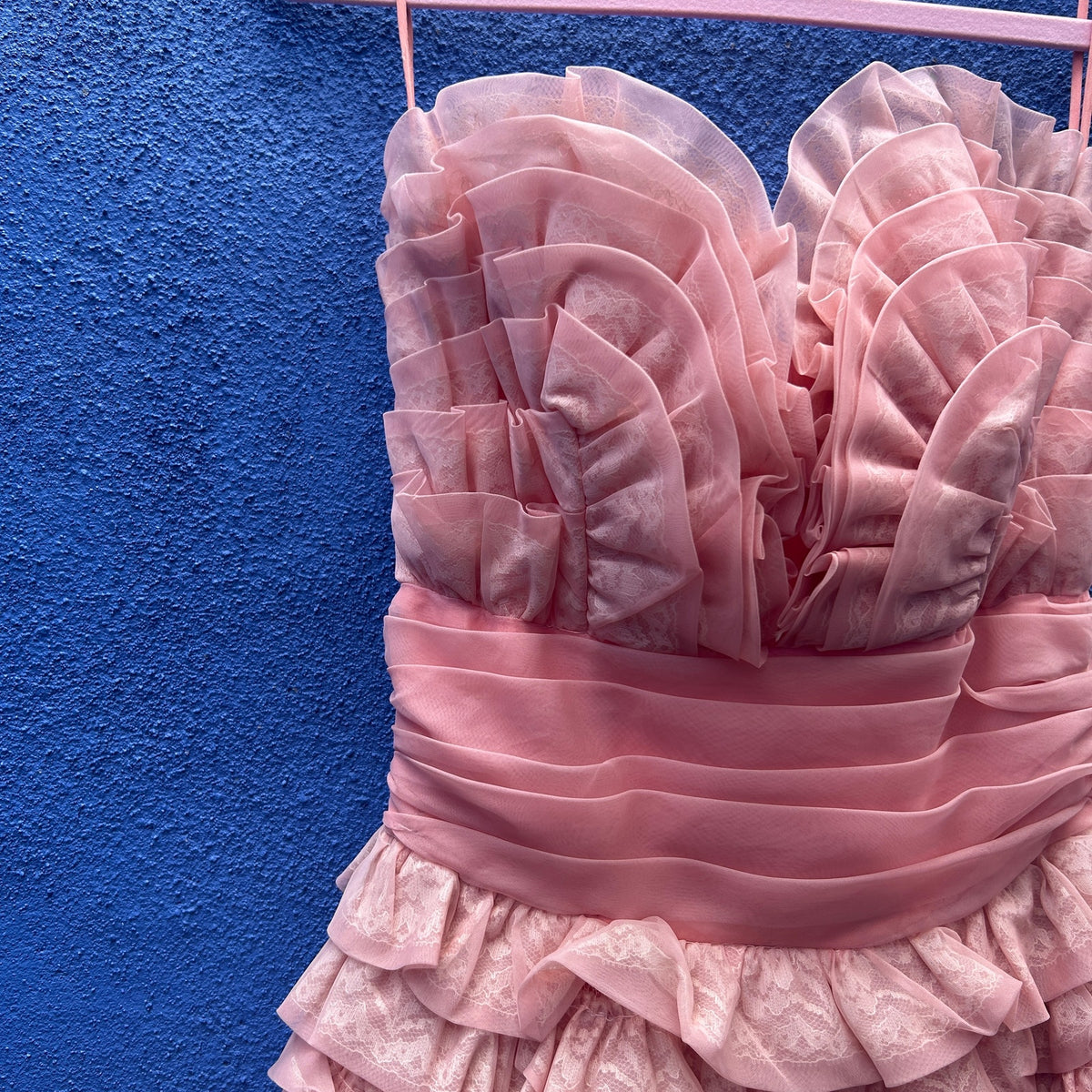 vintage handmade pink tiered strapless cocktail prom gown